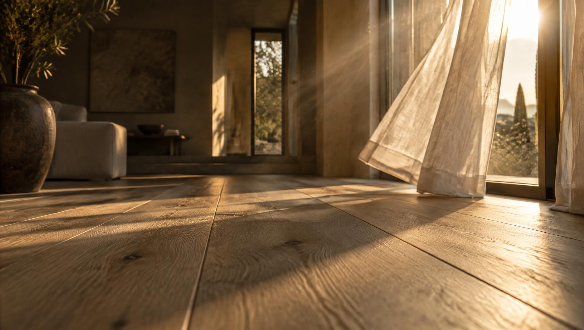 Low-angle close-up of a finished oak hardwood floor in warm sunlight with a sheer curtain moving in the breeze