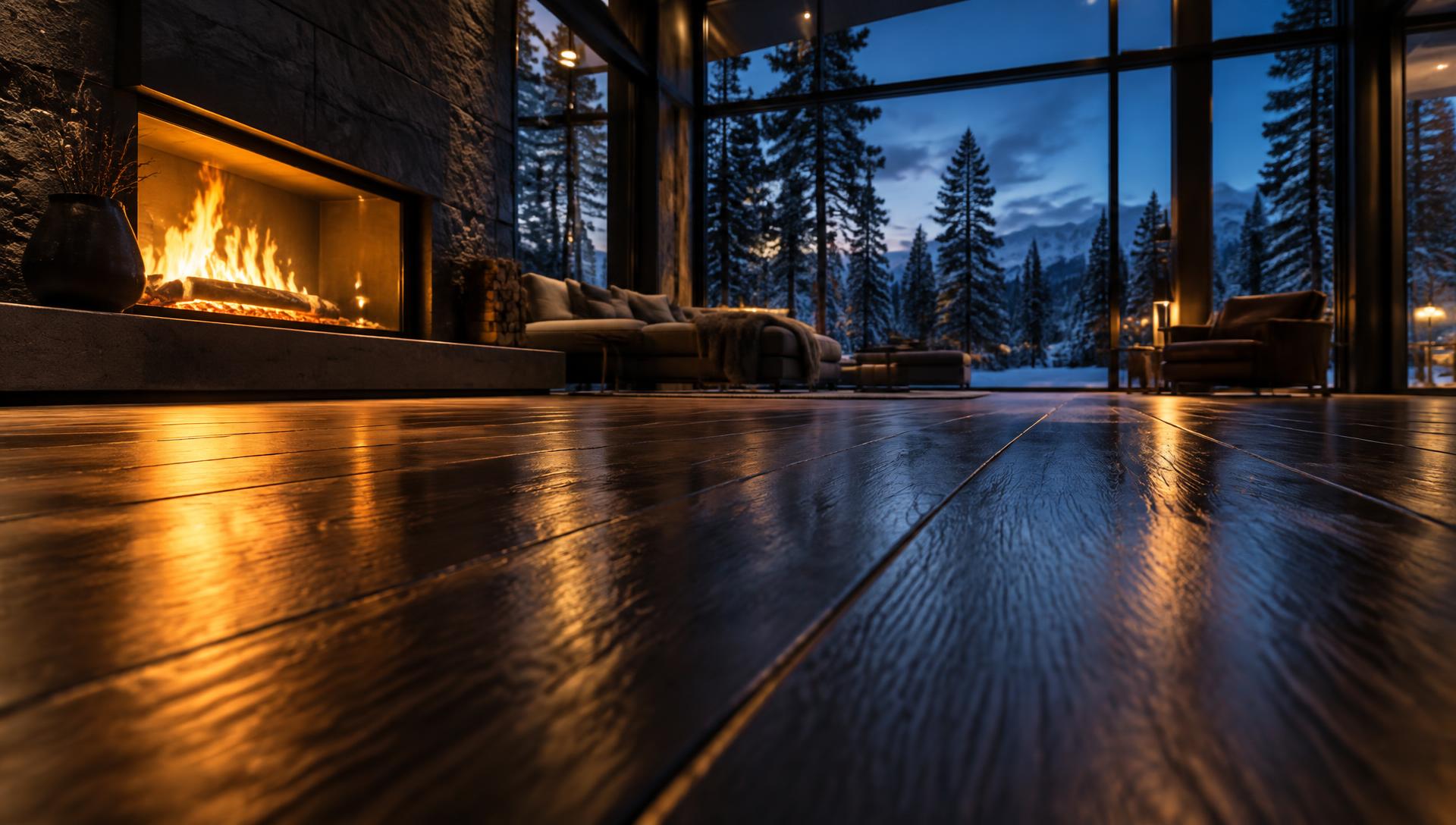 Low view across a glossy hardwood floor reflecting fireplace light, with pine forest at twilight outside large windows in Central Oregon